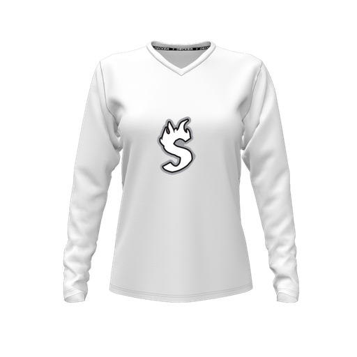 [CUS-DFW-TEES-CMF-VNK-LSL-WHT-FYXS-LOGO2] Decker Comfort T-Shirt (Female Youth XS, White, V Neck, Logo 2, Long Sleeve)