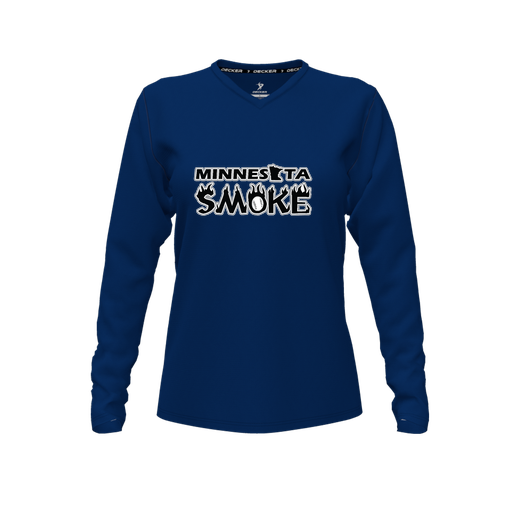 [CUS-DFW-TEES-CMF-VNK-LSL-NVY-FYXS-LOGO3] Decker Comfort T-Shirt (Female Youth XS, Navy, V Neck, Logo 3, Long Sleeve)