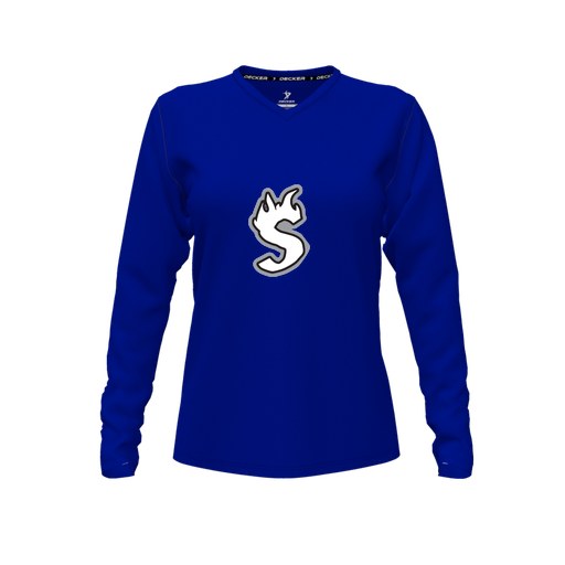 [CUS-DFW-TEES-CMF-VNK-LSL-RYL-FYXS-LOGO2] Decker Comfort T-Shirt (Female Youth XS, Royal, V Neck, Logo 2, Long Sleeve)