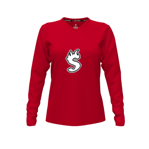 [CUS-DFW-TEES-CMF-VNK-LSL-RED-FYXS-LOGO2] Decker Comfort T-Shirt (Female Youth XS, Red, V Neck, Logo 2, Long Sleeve)