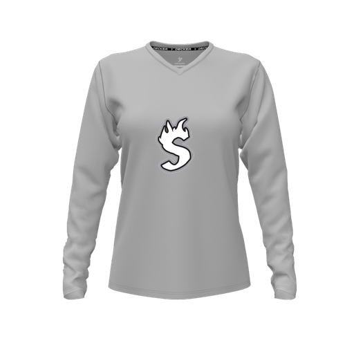 [CUS-DFW-TEES-CMF-VNK-LSL-GRY-FYXS-LOGO2] Decker Comfort T-Shirt (Female Youth XS, Gray, V Neck, Logo 2, Long Sleeve)