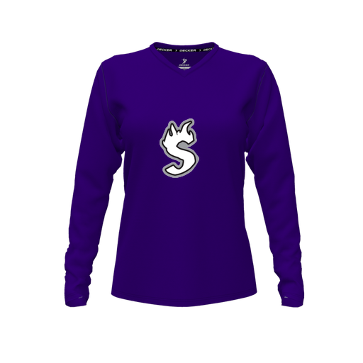 [CUS-DFW-TEES-CMF-VNK-LSL-PUR-FYXS-LOGO2] Decker Comfort T-Shirt (Female Youth XS, Purple, V Neck, Logo 2, Long Sleeve)