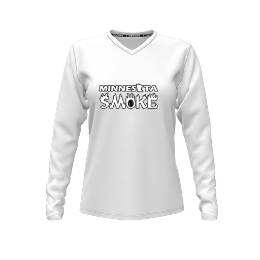 [CUS-DFW-TEES-PER-VNK-LSL-WHT-FYXS-LOGO1] Decker Performance T-Shirt (Female Youth XS, White, V Neck, Logo 1, Long Sleeve)