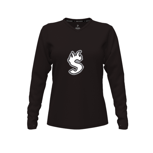[CUS-DFW-TEES-PER-VNK-LSL-BLK-FYXS-LOGO2] Decker Performance T-Shirt (Female Youth XS, Black, V Neck, Logo 2, Long Sleeve)