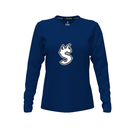 [FTLVPTNV-FYXS-LOGO2] Decker Performance T-Shirt (Female Youth XS, Navy, V Neck, Logo 2, Long Sleeve)