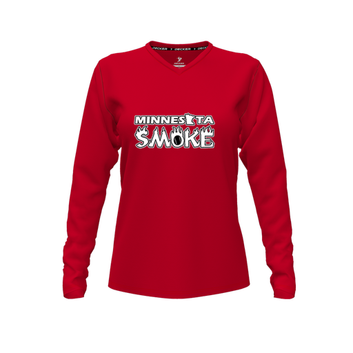 [CUS-DFW-TEES-PER-VNK-LSL-RED-FYXS-LOGO1] Decker Performance T-Shirt (Female Youth XS, Red, V Neck, Logo 1, Long Sleeve)
